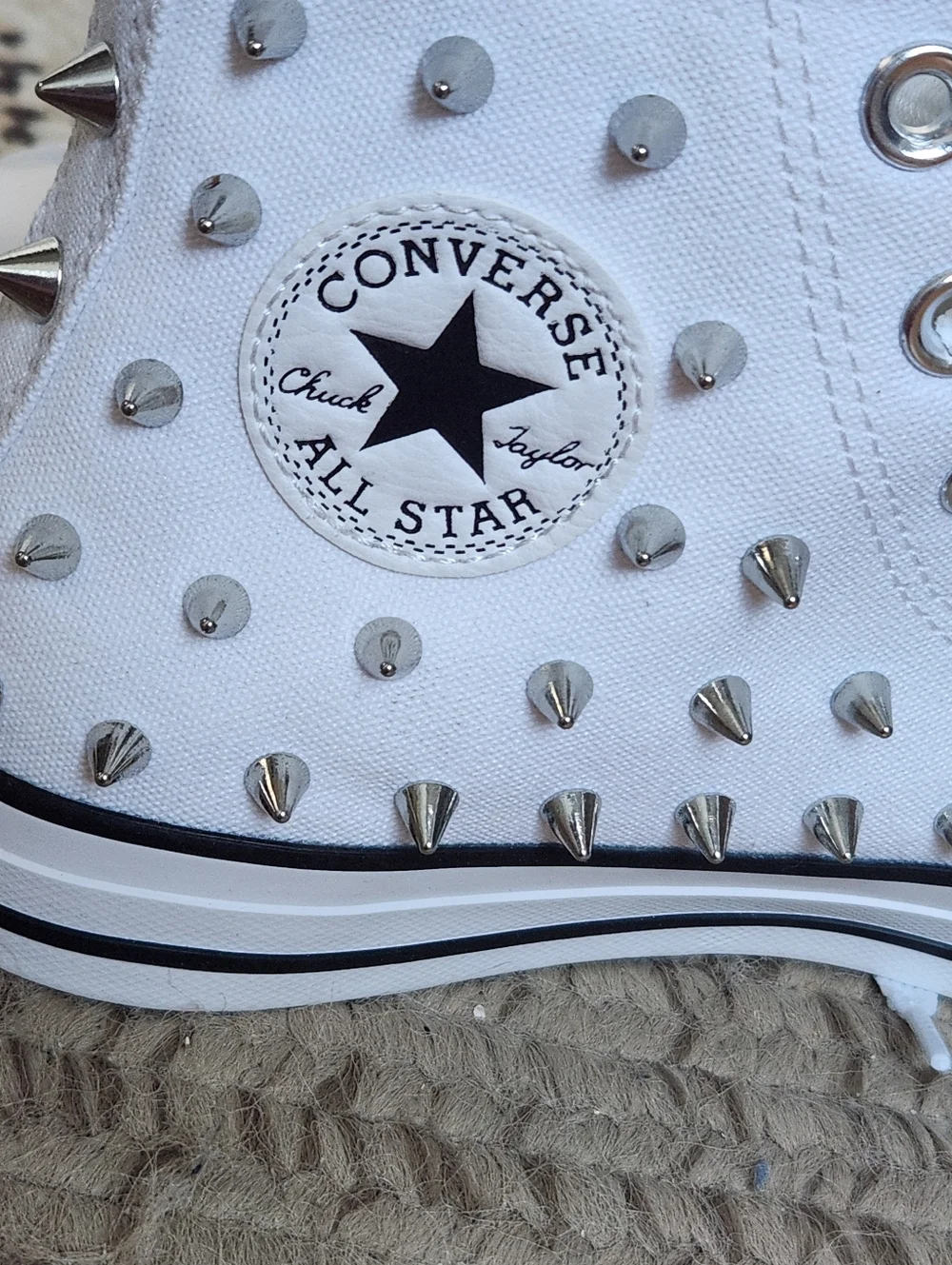 Converse White High Top Sneakers with Silver Studs